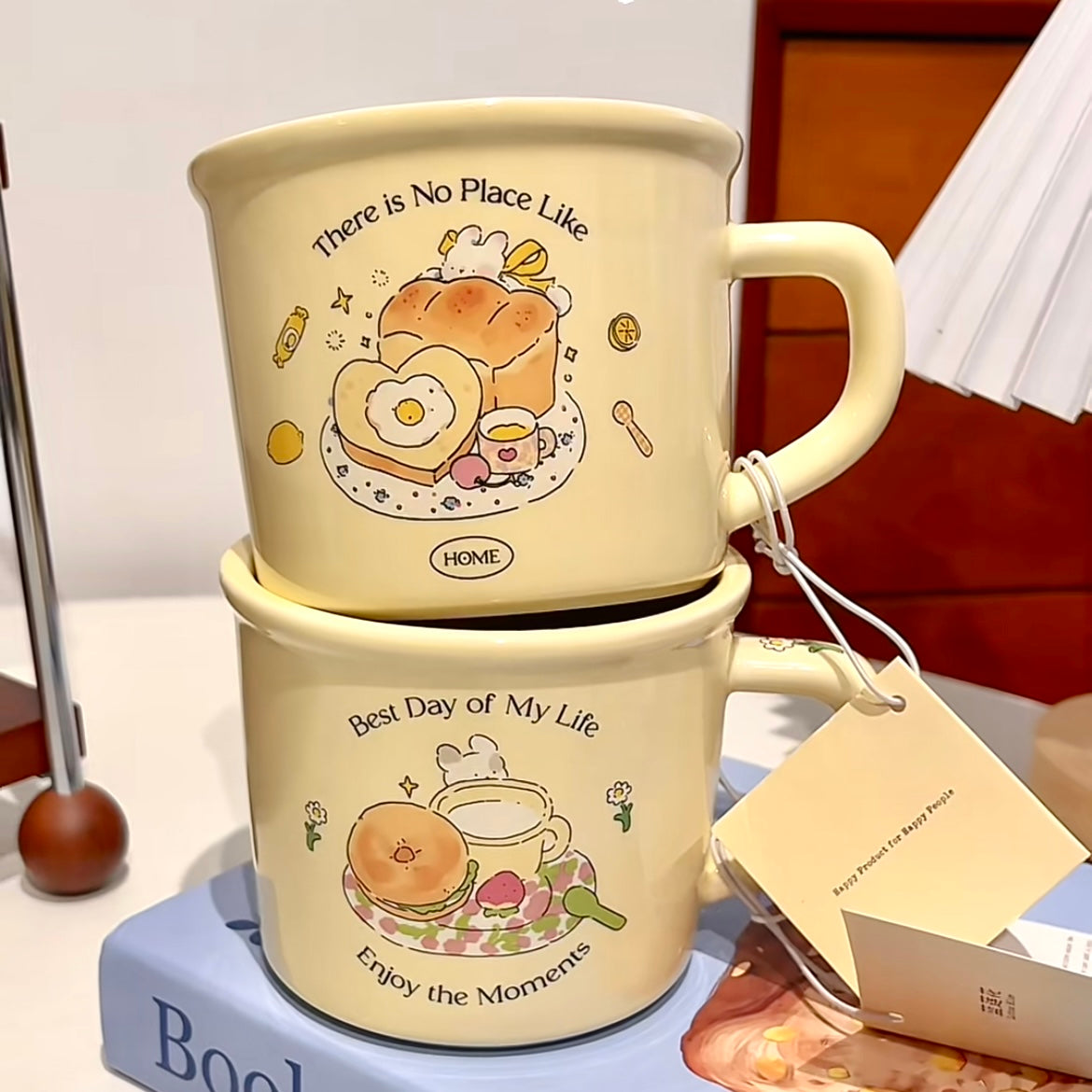 Cute Toast Bunny ceramic mug 400ML - There is No Place Like Home design with breakfast illustration