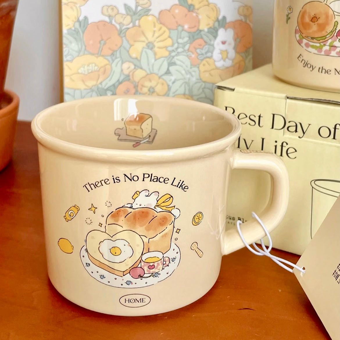 Cute Toast Bunny ceramic mug 400ML - There is No Place Like Home design with breakfast illustration