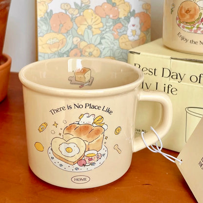 Cute Toast Bunny ceramic mug 400ML - There is No Place Like Home design with breakfast illustration