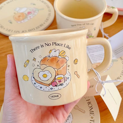 Cute Toast Bunny ceramic mug 400ML - There is No Place Like Home design with breakfast illustration