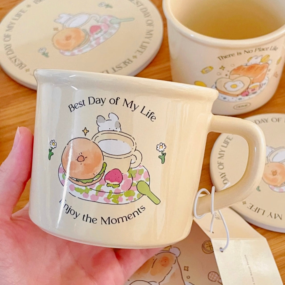 Cute Toast Bunny ceramic mug 400ML - There is No Place Like Home design with breakfast illustration