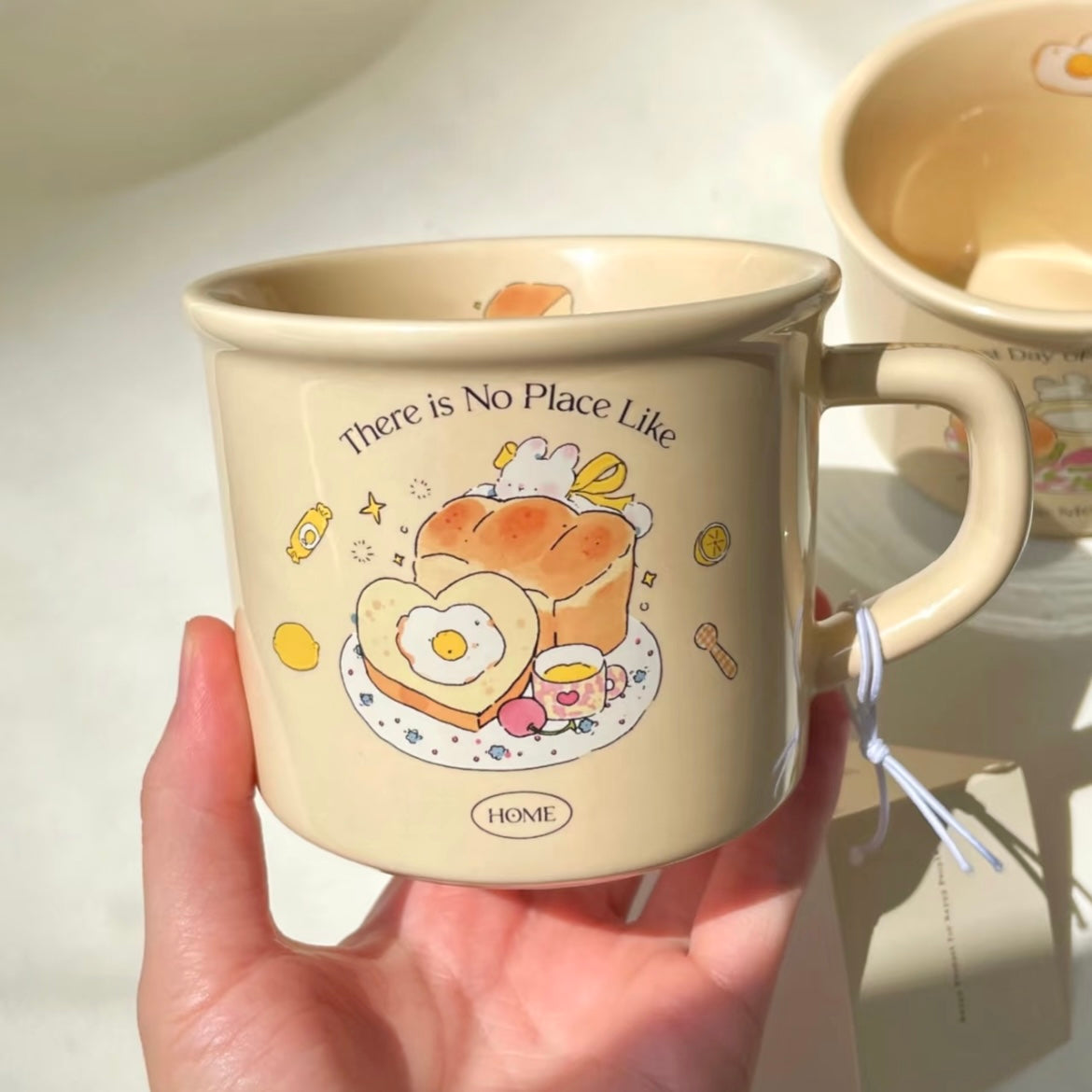 Cute Toast Bunny ceramic mug 400ML - There is No Place Like Home design with breakfast illustration