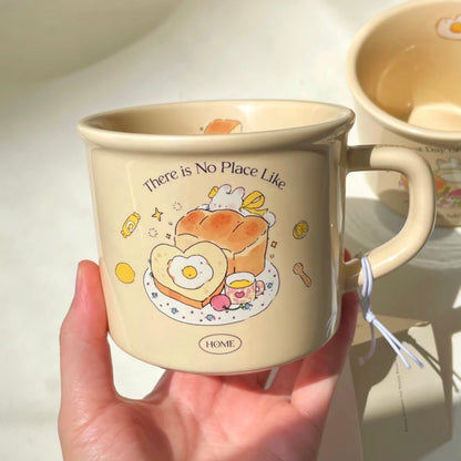 Cute Toast Bunny ceramic mug 400ML - There is No Place Like Home design with breakfast illustration