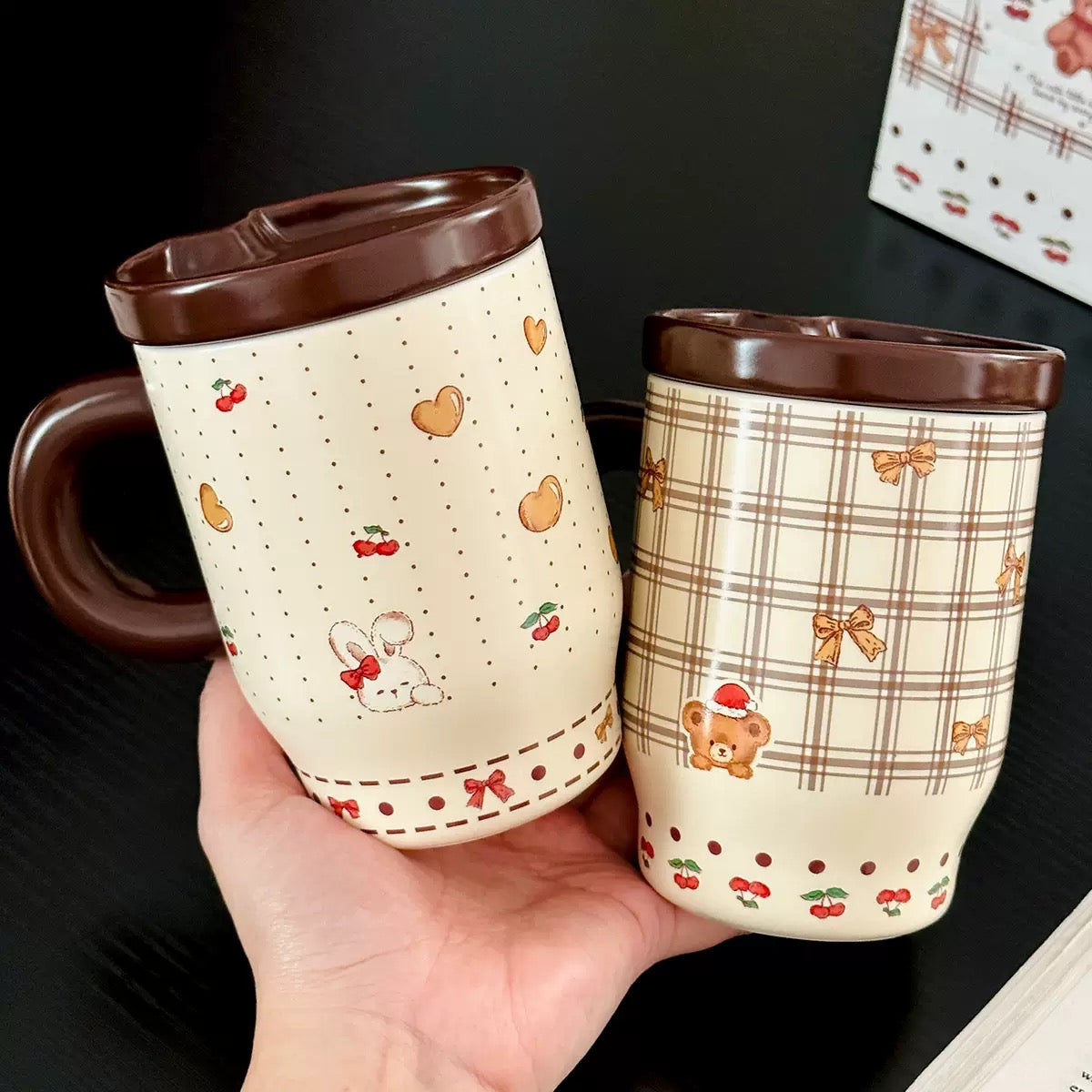 Cherry Bunny & Bear Ceramic Mug with Lid & Spoon – 450ML