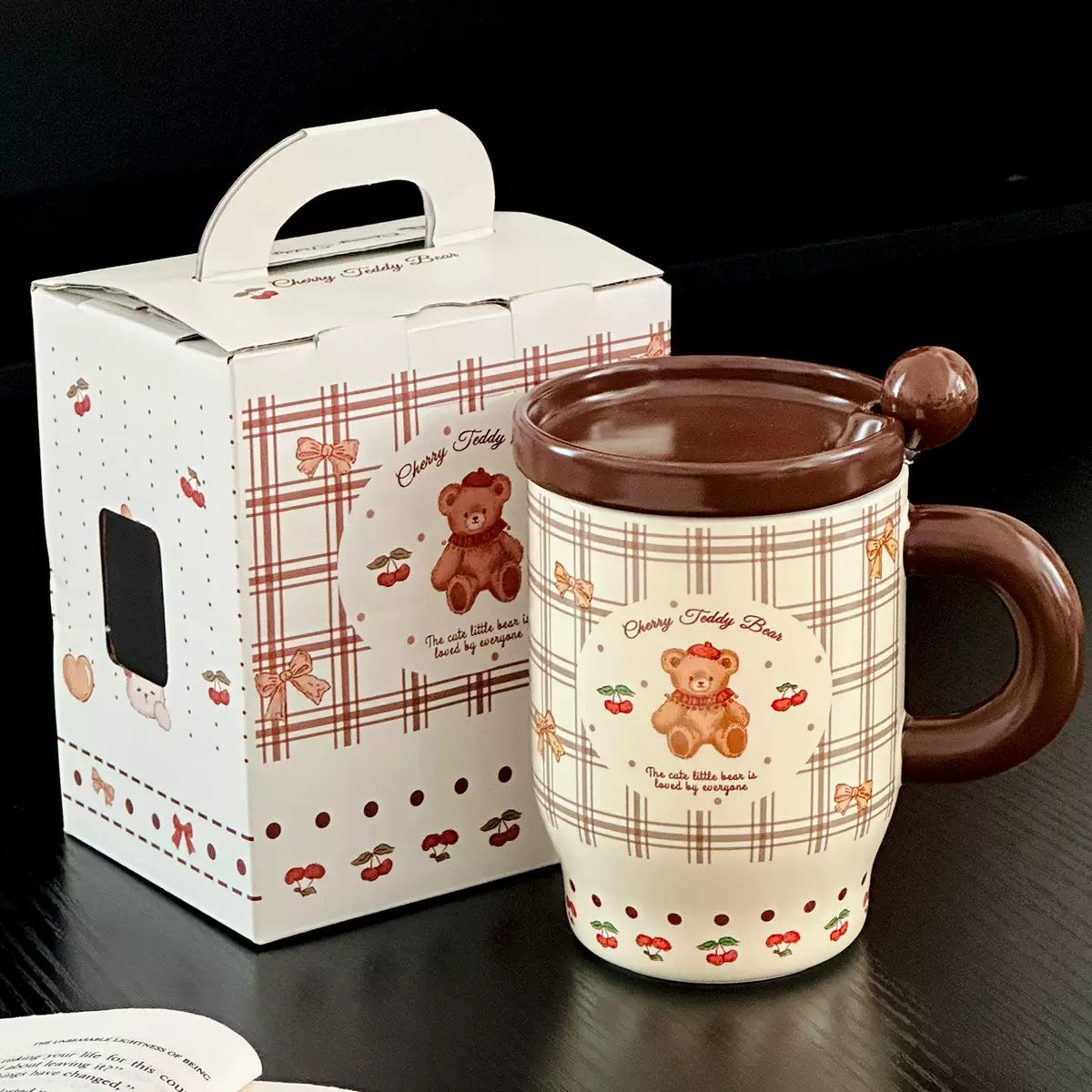 Cherry Bunny & Bear Ceramic Mug with Lid & Spoon – 450ML