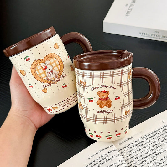 Cherry Bunny & Bear Ceramic Mug with Lid & Spoon – 450ML