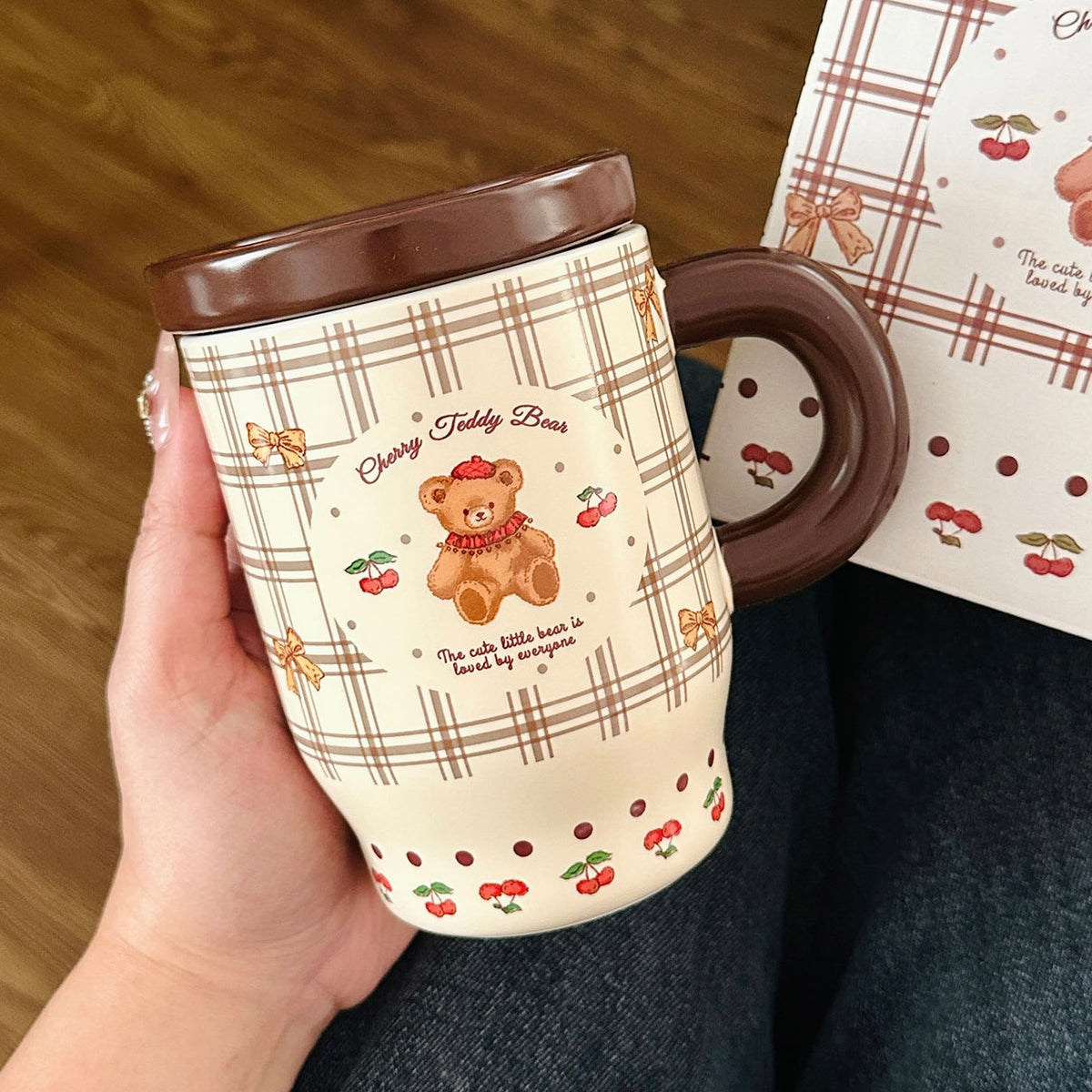 Cherry Bunny & Bear Ceramic Mug with Lid & Spoon – 450ML