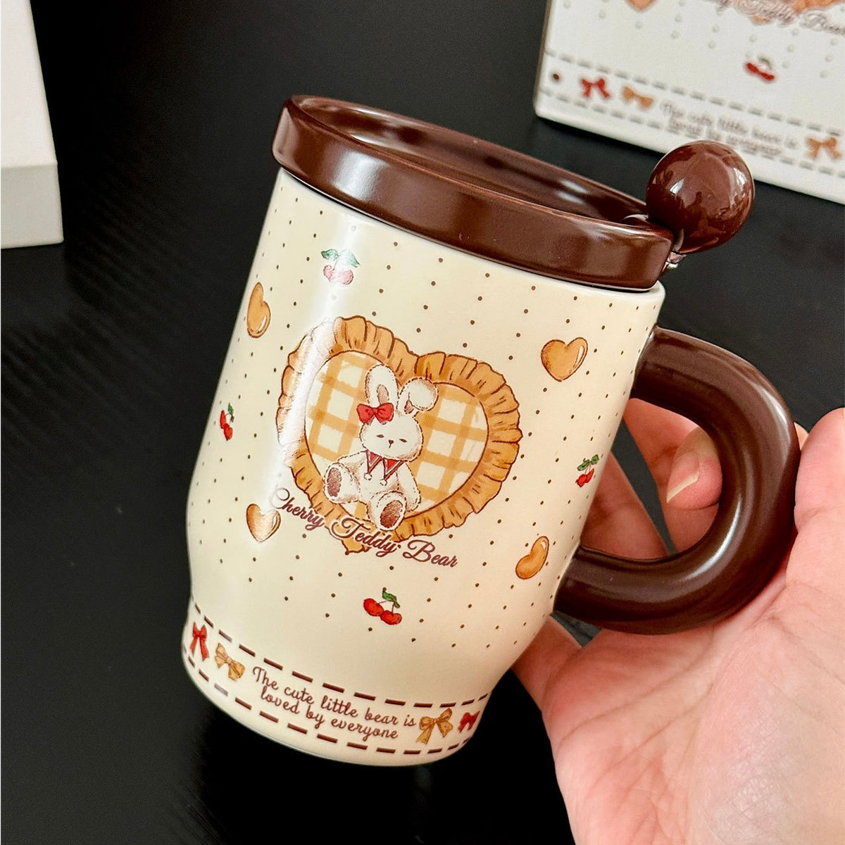 Cherry Bunny & Bear Ceramic Mug with Lid & Spoon – 450ML