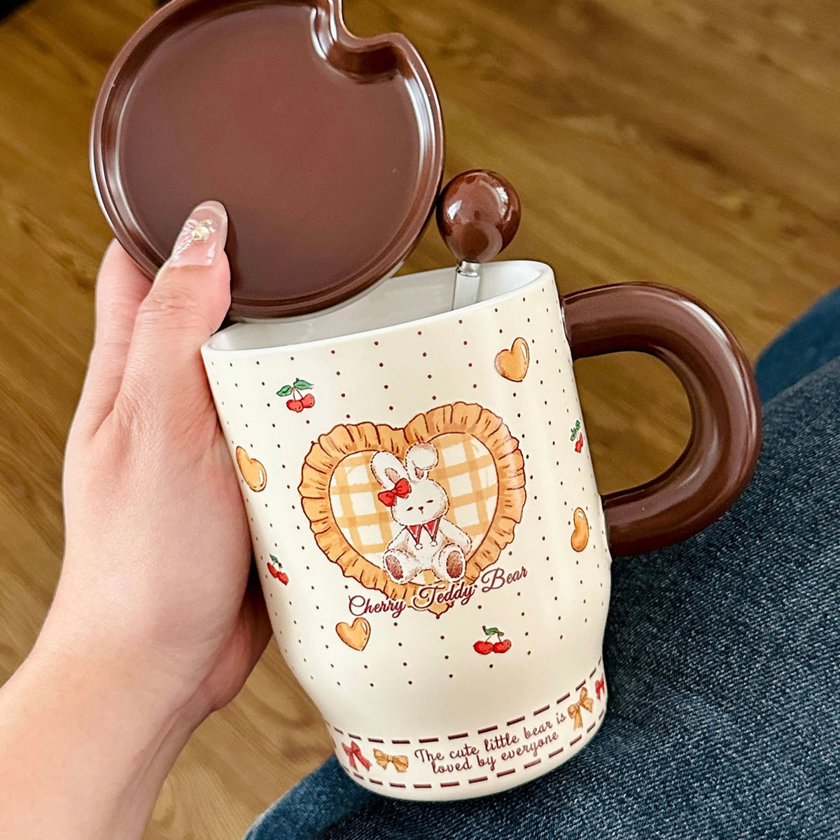 Cherry Bunny & Bear Ceramic Mug with Lid & Spoon – 450ML