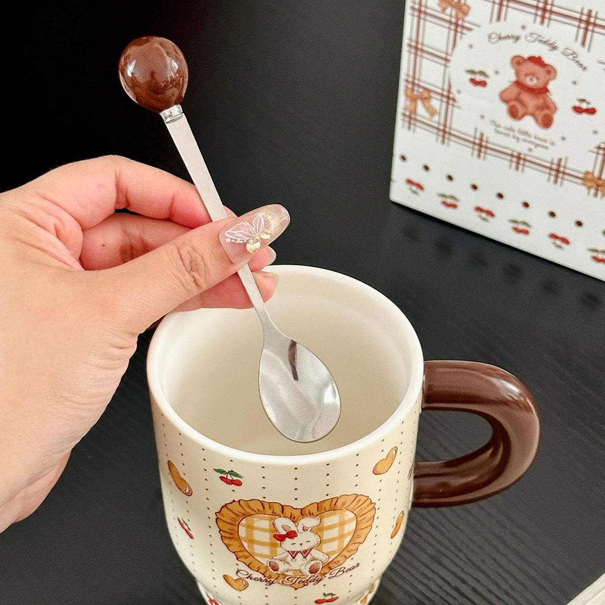 Cherry Bunny & Bear Ceramic Mug with Lid & Spoon – 450ML