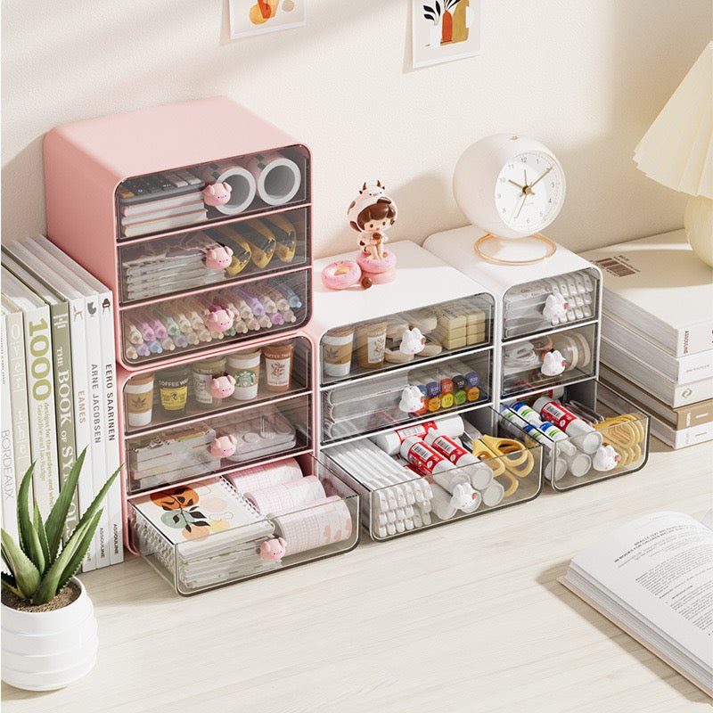 Adorable Pig and Rabbit Three-Layer Desktop Organizer | High-Quality Acrylic and PC Plastic, Ample Storage Capacity