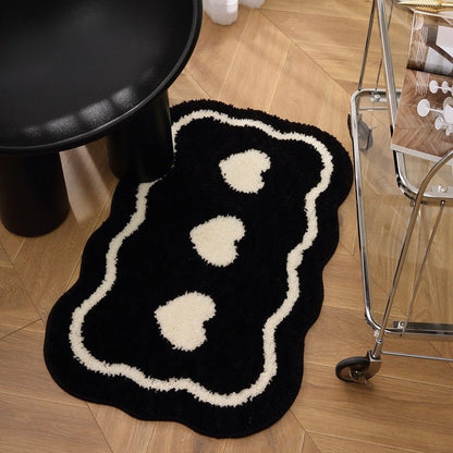 Black Trio Heart Plush Bathroom Rug - Size 40x60cm / 50x80cm | Super Absorbent