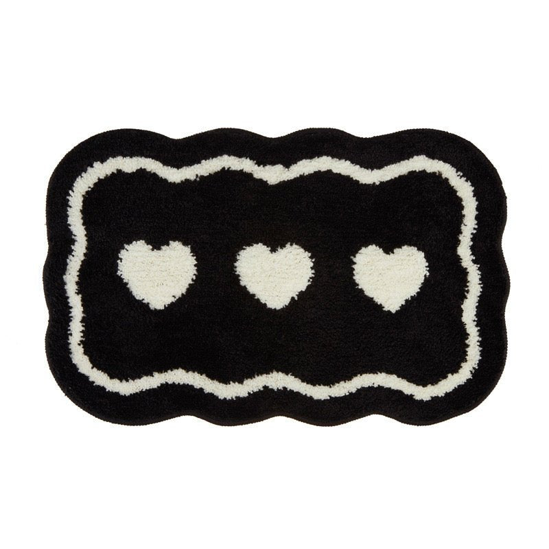 Black Trio Heart Plush Bathroom Rug - Size 40x60cm / 50x80cm | Super Absorbent