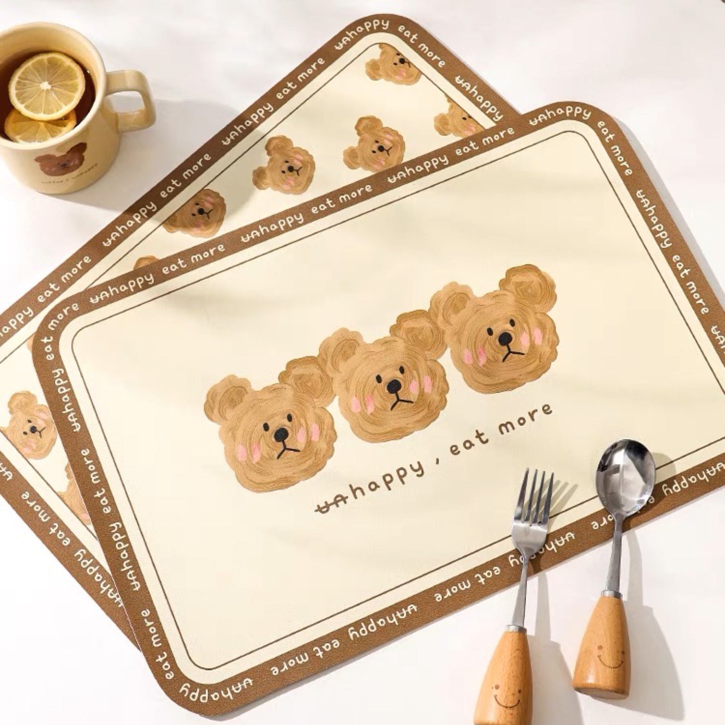 Charming Bear Leather Dining Table Mats - Waterproof & Oil-Resistant