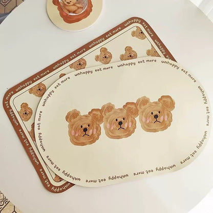 Charming Bear Leather Dining Table Mats - Waterproof & Oil-Resistant