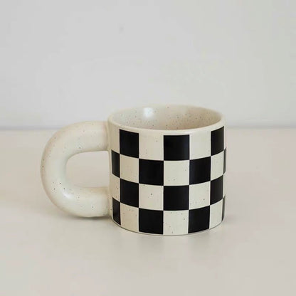 Checkerboard Ceramic Coffee Mug | Plump Penguin Handle, 300ML Capacity