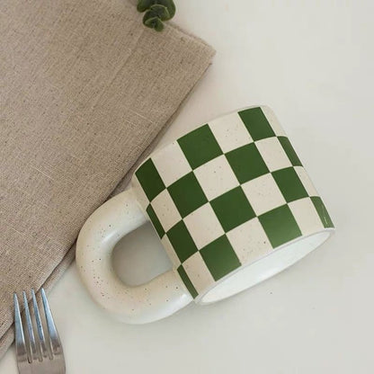 Checkerboard Ceramic Coffee Mug | Plump Penguin Handle, 300ML Capacity