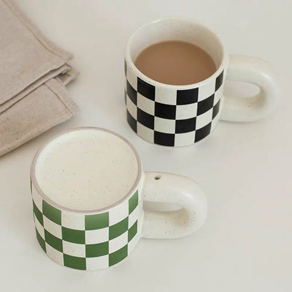 Checkerboard Ceramic Coffee Mug | Plump Penguin Handle, 300ML Capacity