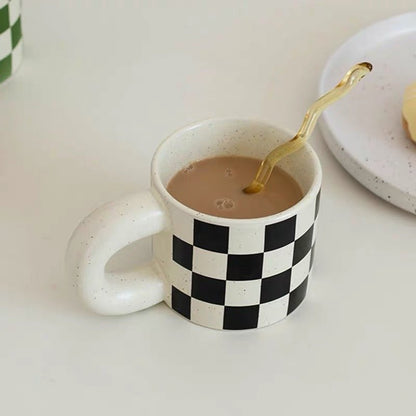 Checkerboard Ceramic Coffee Mug | Plump Penguin Handle, 300ML Capacity