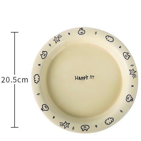 Creamy Doodle-style Series Ceramic Dinnerware Set - Adorable Bunny Doodles with ‘Happy’ Motif