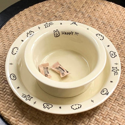 Creamy Doodle-style Series Ceramic Dinnerware Set - Adorable Bunny Doodles with ‘Happy’ Motif