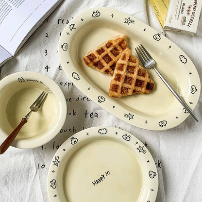 Creamy Doodle-style Series Ceramic Dinnerware Set - Adorable Bunny Doodles with ‘Happy’ Motif