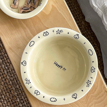 Creamy Doodle-style Series Ceramic Dinnerware Set - Adorable Bunny Doodles with ‘Happy’ Motif