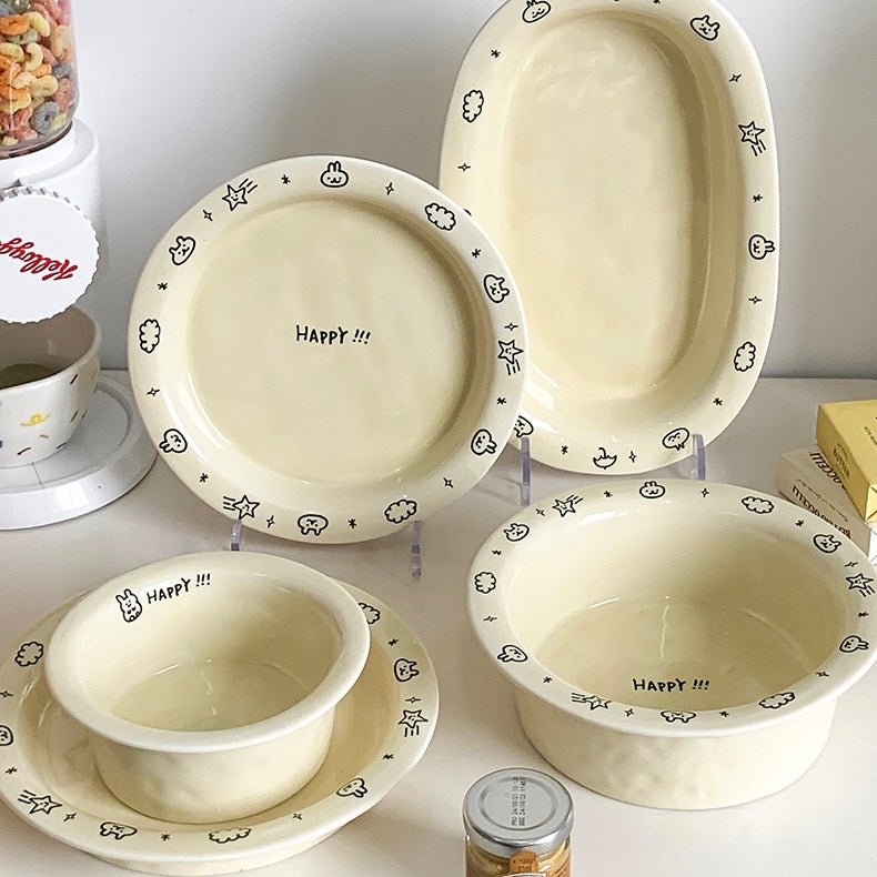 Creamy Doodle-style Series Ceramic Dinnerware Set - Adorable Bunny Doodles with ‘Happy’ Motif