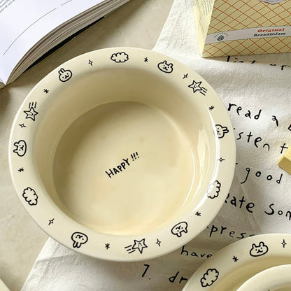 Creamy Doodle-style Series Ceramic Dinnerware Set - Adorable Bunny Doodles with ‘Happy’ Motif