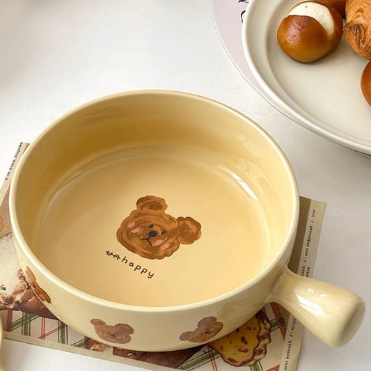 Adorable Creamy Emo Bear Handled Baking Dish - Multi-Functional Ceramic Dish