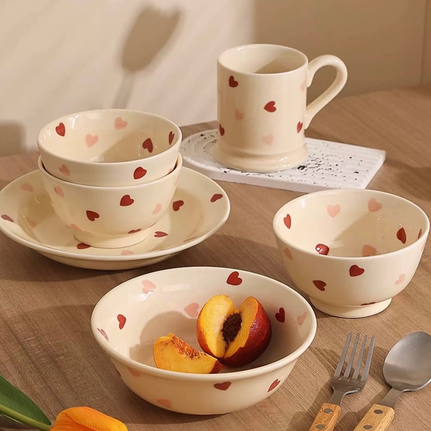 Creamy Heart Series Ceramic Dinnerware Set | Charming Underglaze Ceramic Dishes