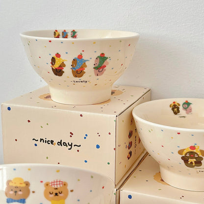 Creamy White Bear Tall Cereal Bowls - Set of 5 | Colorful Gift Box Included