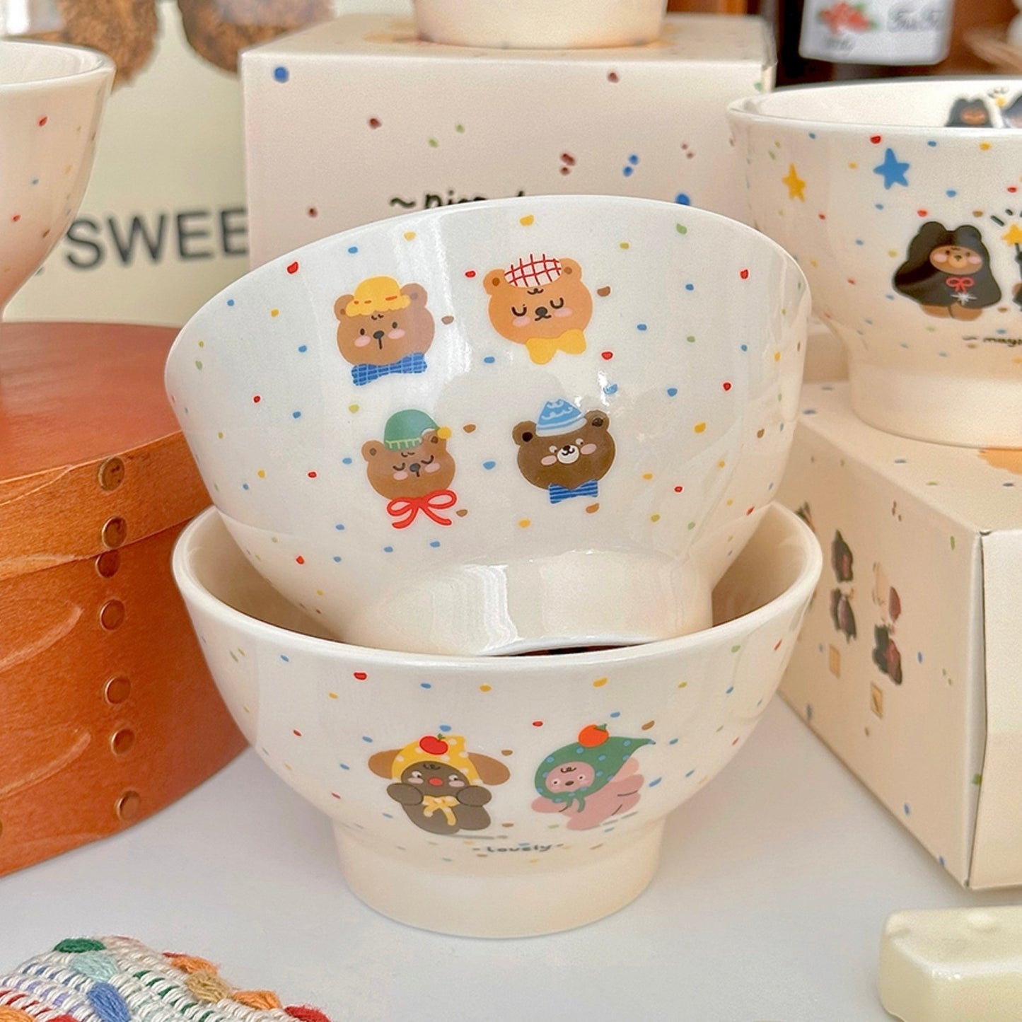 Creamy White Bear Tall Cereal Bowls - Set of 5 | Colorful Gift Box Included