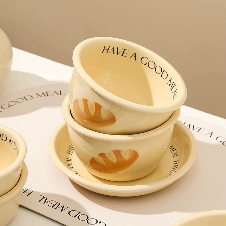 Creamy Yellow Bread Series Ceramic Dinnerware Set - with ‘Have a Good Meal’ Motif