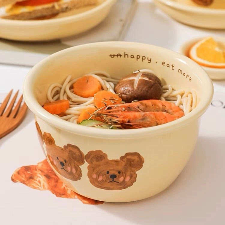 Creamy Yellow Emo Bear Series Dinnerware Set - Hand-painted Designs, Charming Aesthetics - Wuli Home