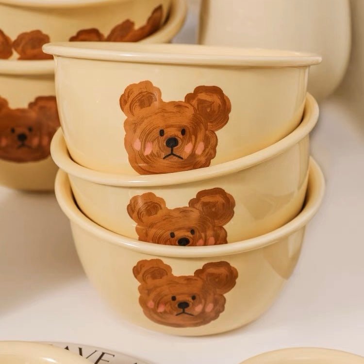 Creamy Yellow Emo Bear Series Dinnerware Set - Hand-painted Designs, Charming Aesthetics - Wuli Home