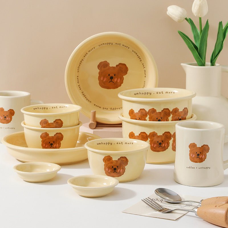 Creamy Yellow Emo Bear Series Dinnerware Set - Hand-painted Designs, Charming Aesthetics - Wuli Home