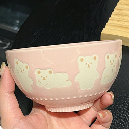 Cute Bear Pink and Brown Cereal Bowls - Set of 2 | Ceramic Bowls for Couples - Wuli Home