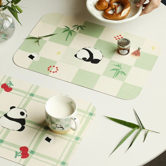 Cute Panda Checkerboard Pattern Leather Dining Table Mat | Waterproof, Oil-Resistant, 45x30cm - Wuli Home