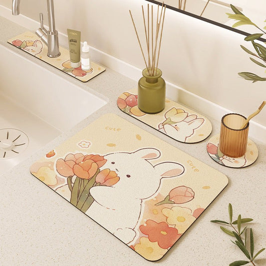 Floral Bunny Kitchen Draining Mat Set - Four-Piece Bundle - Wuli Home