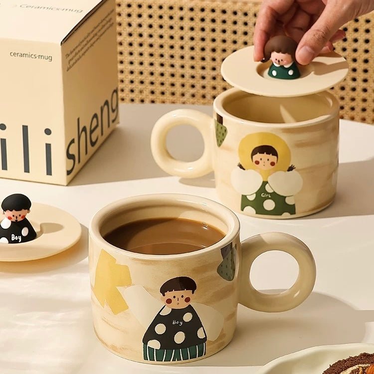 Hand-Painted Couples Ceramic Mug - Boy and Girl | Perfect Gift Choice, 400ML Capacity - Wuli Home