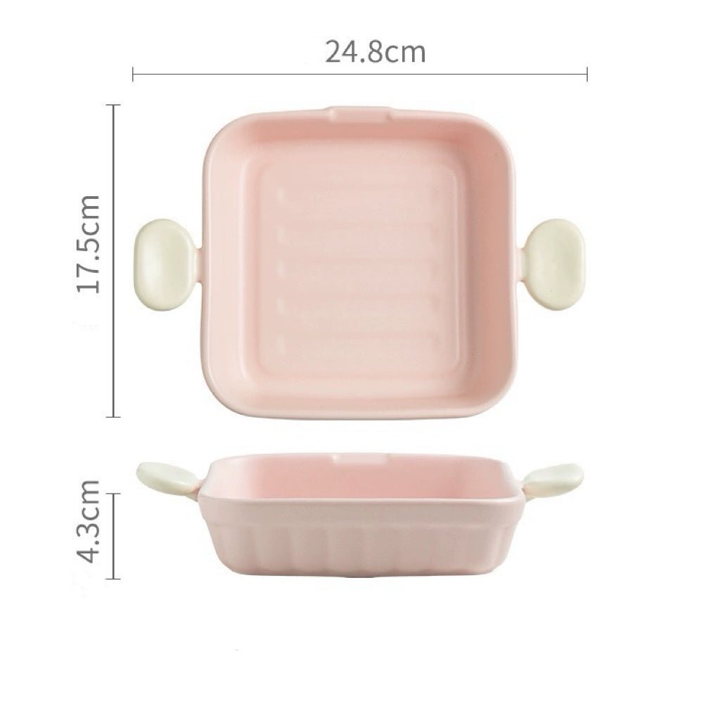 Handcrafted Macaron- Colored Pink and White Ceramic Baking Dish - Dual Handles | Square & Oval Shapes Available - Wuli Home