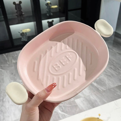 Handcrafted Macaron- Colored Pink and White Ceramic Baking Dish - Dual Handles | Square & Oval Shapes Available - Wuli Home