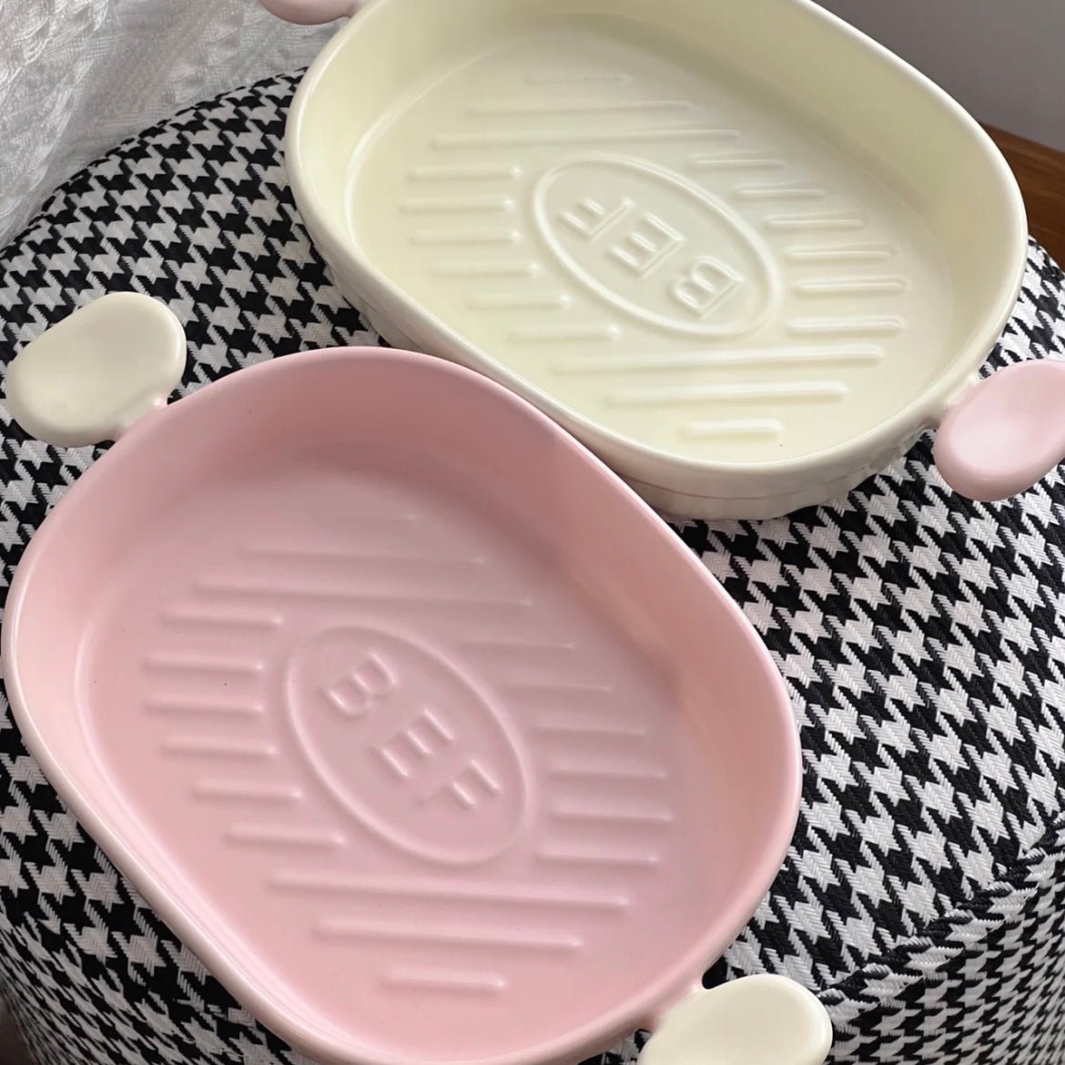 Handcrafted Macaron- Colored Pink and White Ceramic Baking Dish - Dual Handles | Square & Oval Shapes Available - Wuli Home