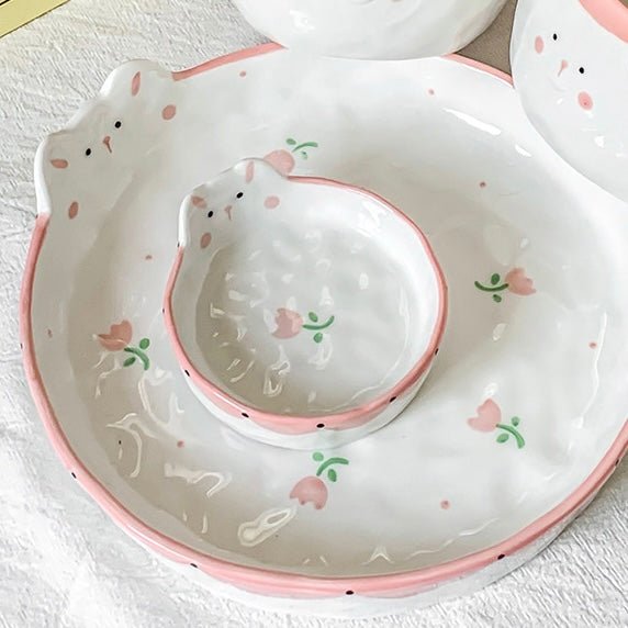 Handcrafted Tulip Design Ceramic Plate with Adorable Bunny | Microwave & Dishwasher Safe - Wuli Home