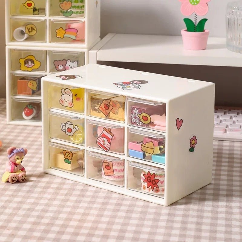 Mini Nine-Grid Storage Box | PET Plastic Material | Convenient Compartments & Cute Stickers Included - Wuli Home