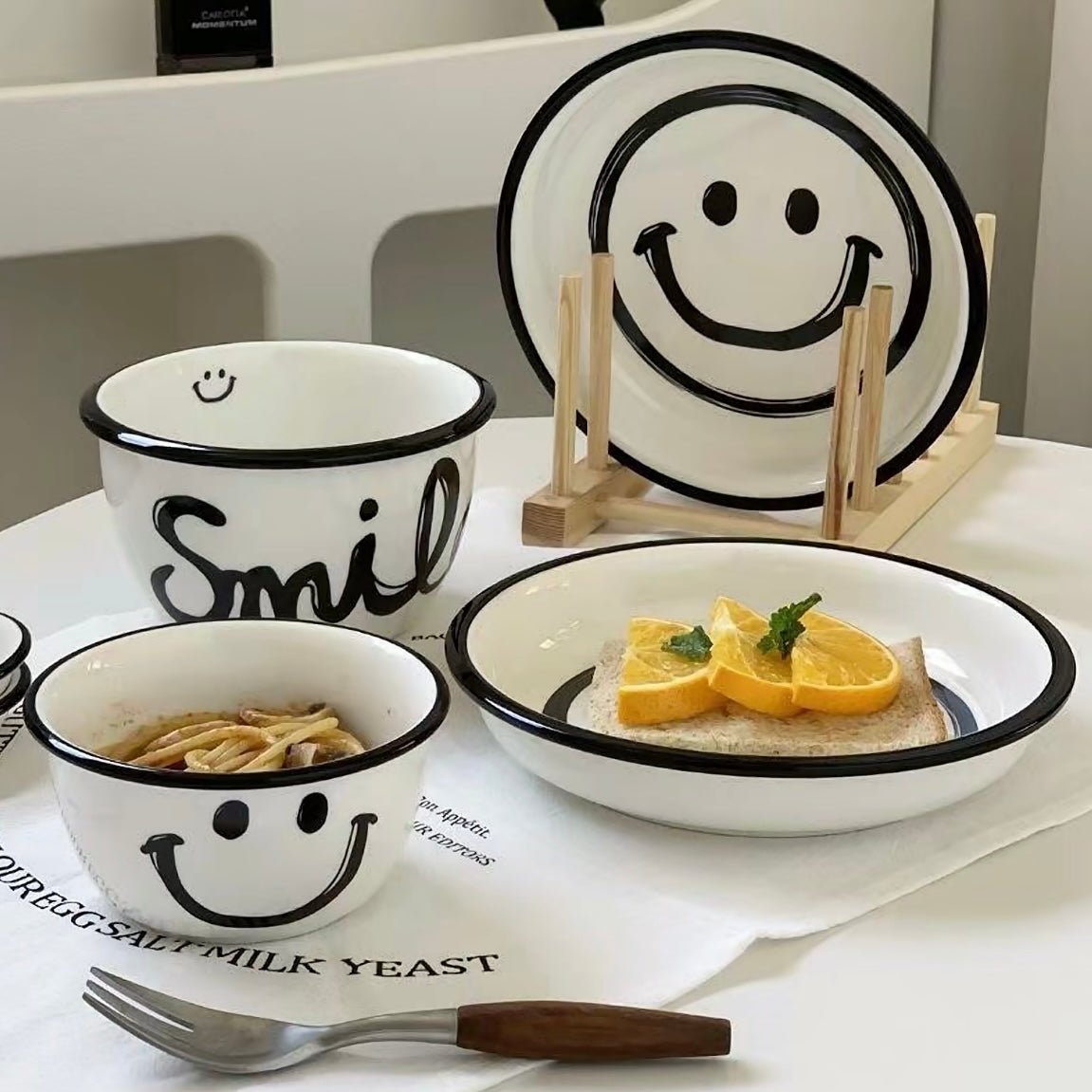 Smile Face Black & White Series Tableware Set - Modern Monochrome Design | Thick Ceramic - Wuli Home