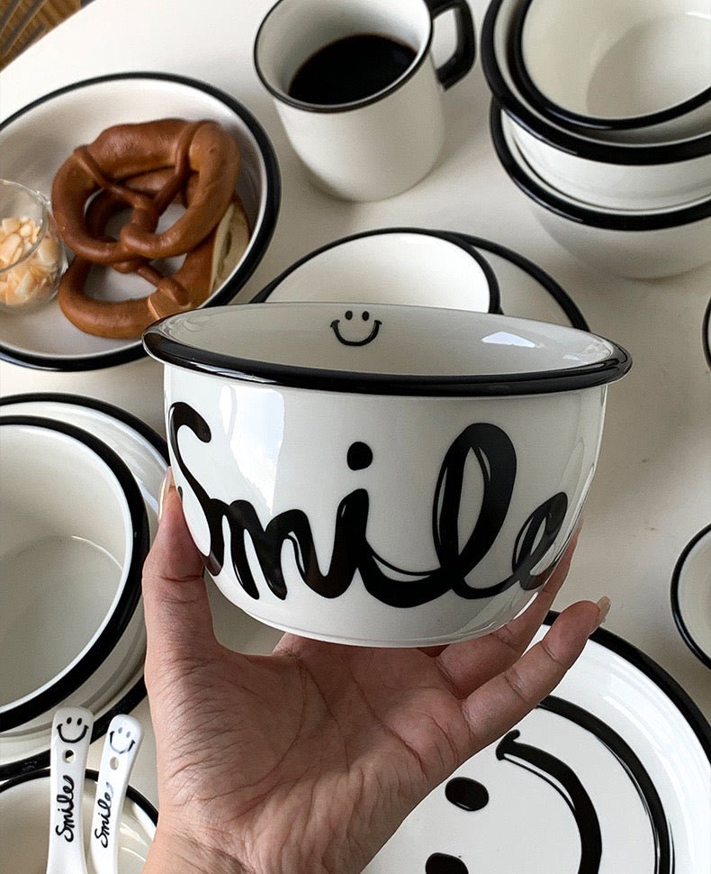 Smile Face Black & White Series Tableware Set - Modern Monochrome Design | Thick Ceramic - Wuli Home