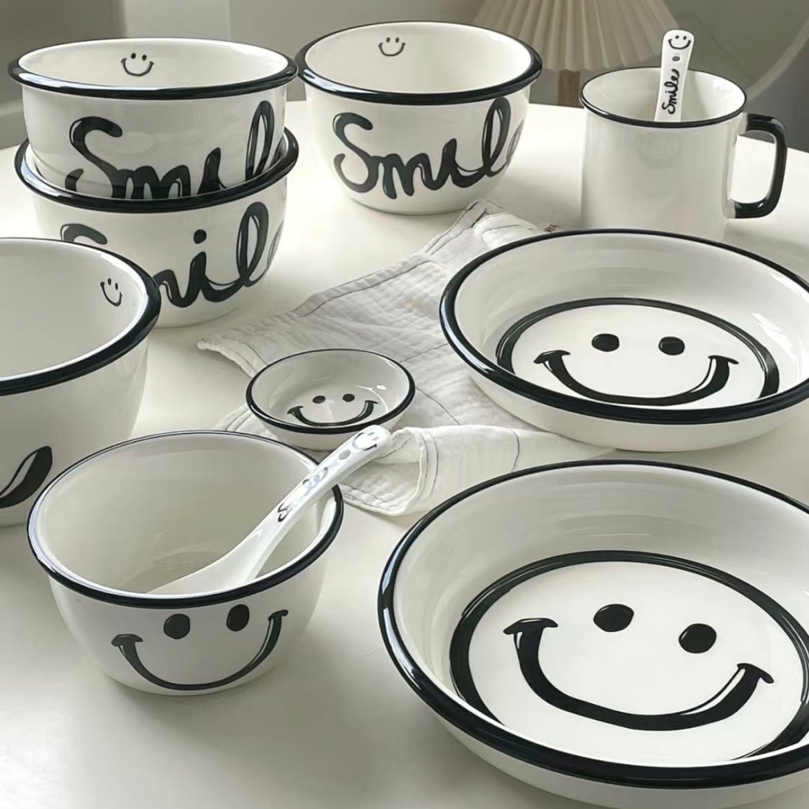 Smile Face Black & White Series Tableware Set - Modern Monochrome Design | Thick Ceramic - Wuli Home