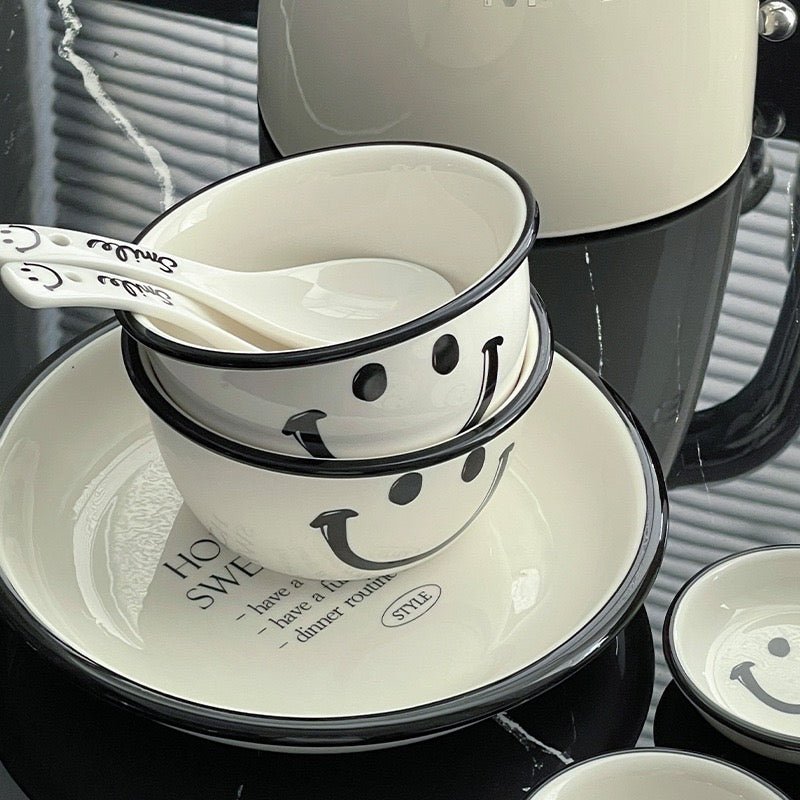 Smile Face Black & White Series Tableware Set - Modern Monochrome Design | Thick Ceramic - Wuli Home